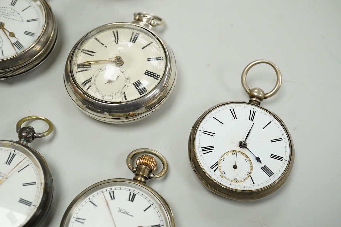 Seven assorted mainly early 20th century silver open faced pocket watches including Kendall & Dent, case diameter 51mm and Waltham, together with a late Victorian silver hunter pocket watch(a.f.).